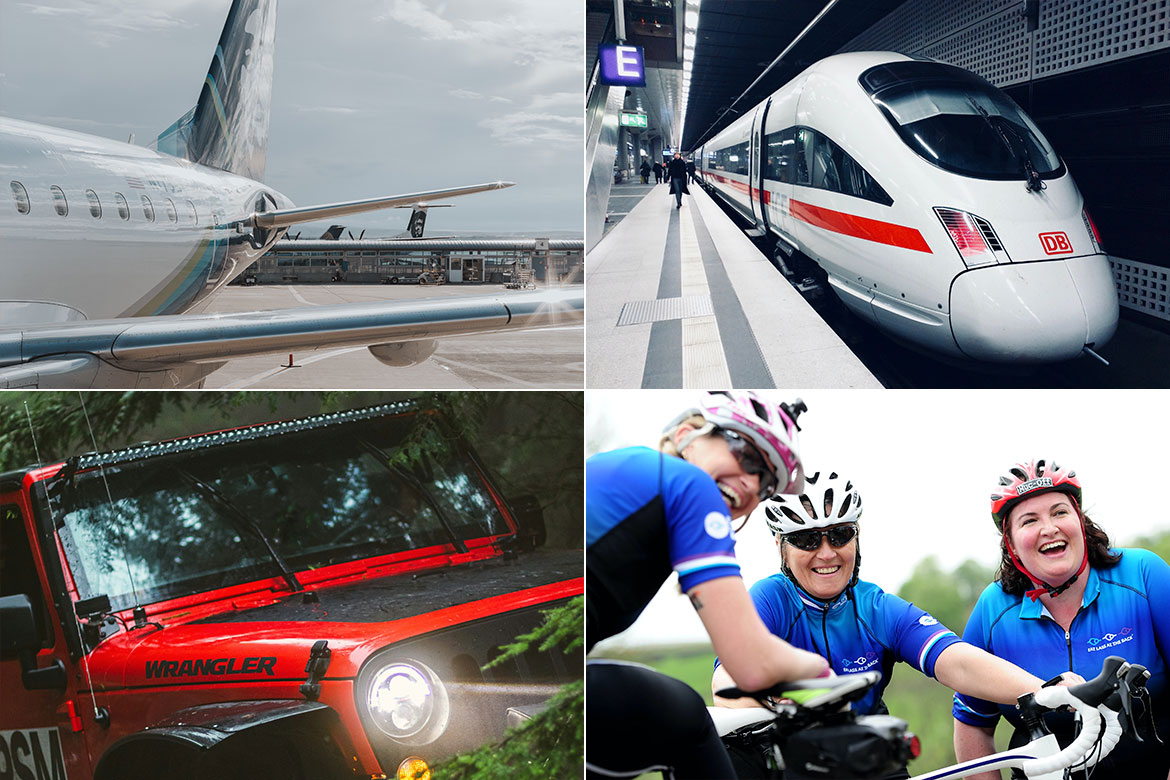Photo with four quadrants: a plane, a train, an automobile, and a bicycle.